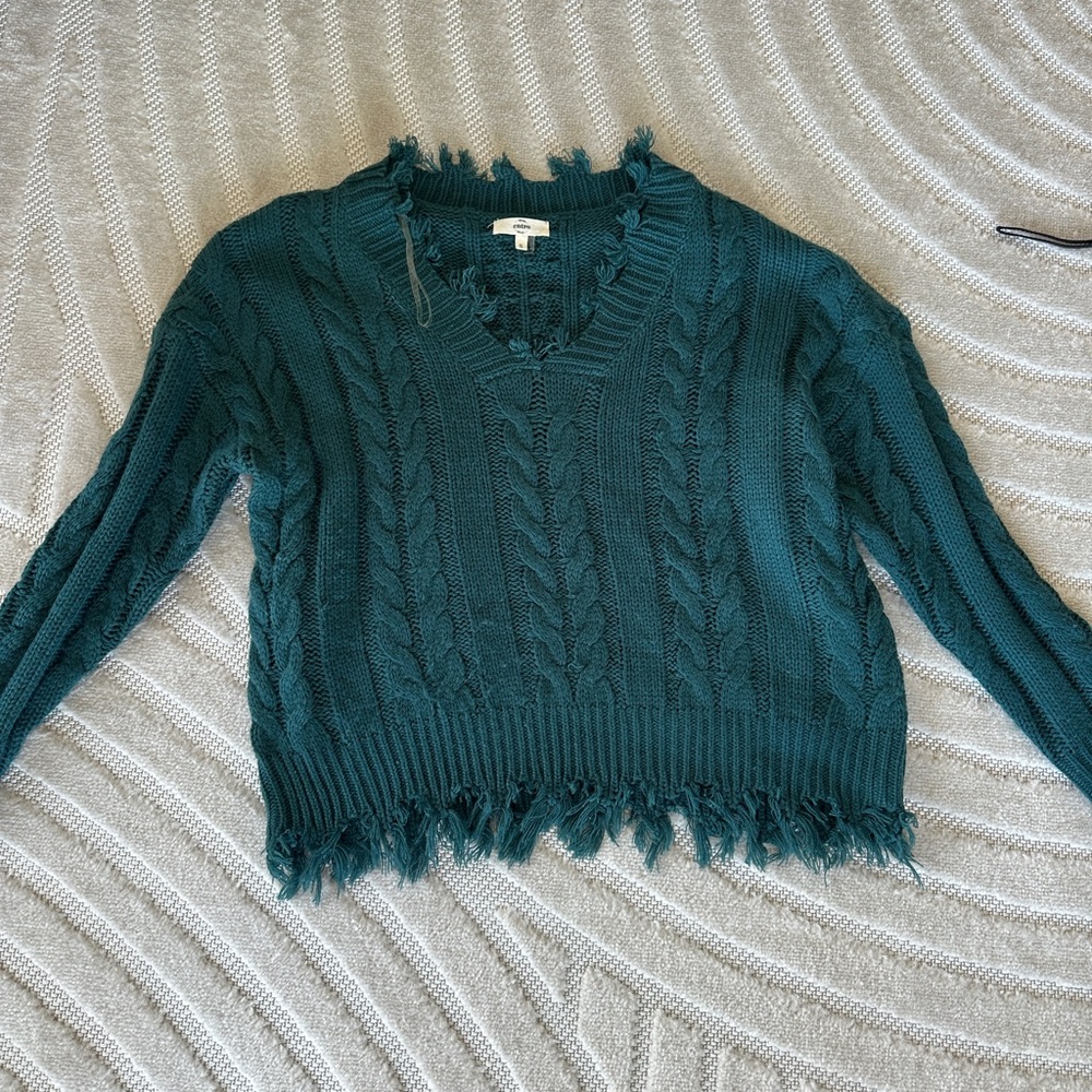 Teal Cable Knit Frayed Hem Sweater